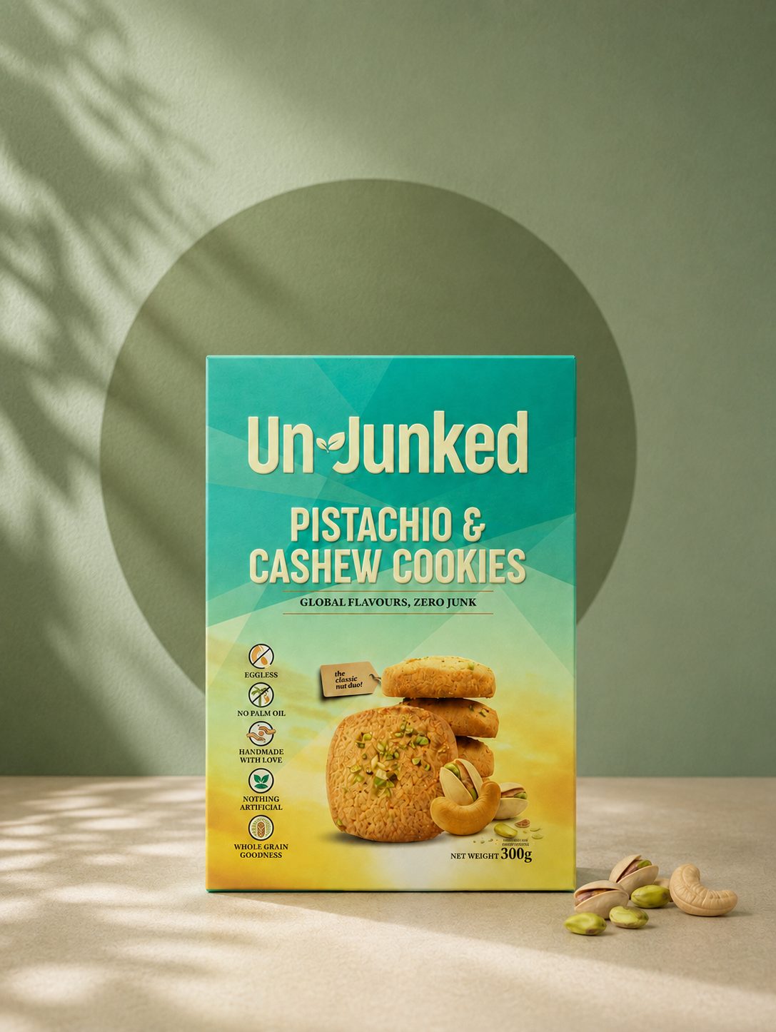 Un-Junked Pistachio & Cashew Cookies, 300g, photographed on a sunlit arch set