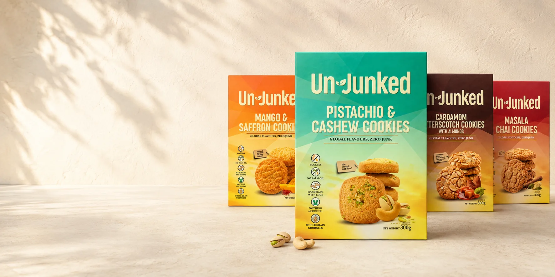 All four Un-Junked cookie boxes on a sunlit stone table
